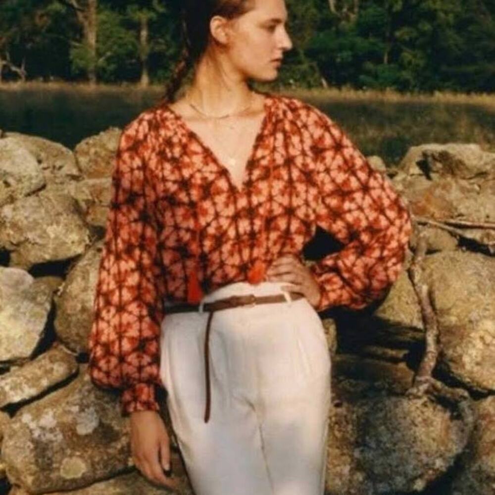 Anthropologie Porridge Elisabeth Peasant Top Medium Orange Boho Batik Print